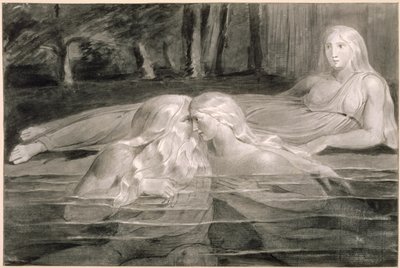Har和Heva Bathing，Mnetha Look on，1785-89（刷，墨水和纸上洗） 作者 威廉·布雷克