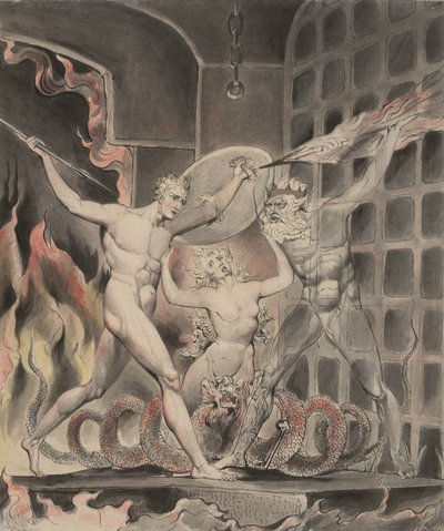 弥尔顿（Milton）的《失落的天堂》插图2：撒旦，罪恶与死亡：撒旦来到地狱之门，1807年 作者 威廉·布雷克