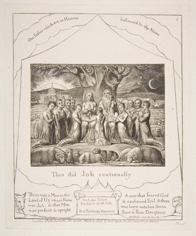 约伯和他的家人，摘自《约伯记》插图，1825-26年。 作者 威廉·布雷克