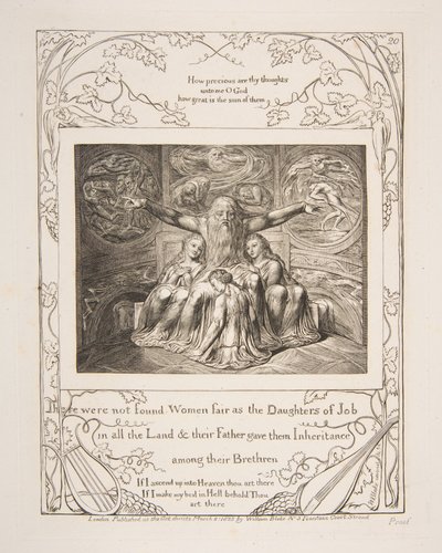 约伯和他的女儿们，摘自《约伯记》插图，1825-26年。 作者 威廉·布雷克