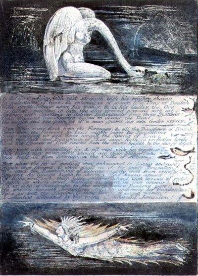 图版二，耶路撒冷，约1804-20。阿尔比昂的女儿们由天鹅和鱼一样的生物代表 作者 威廉·布雷克