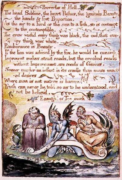 地狱箴言，《天堂与地狱的婚礼》中的插图和文字，约1790-3（用钢笔和水彩完成的浮雕蚀刻画）。 作者 威廉·布雷克