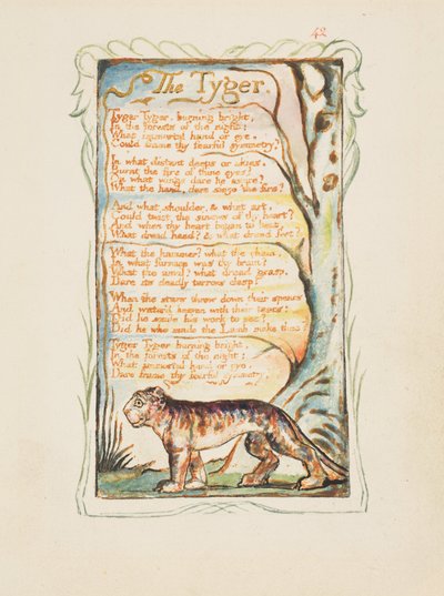 纯真和经验之歌：The Tyger，c.1825（棕色墨水手工彩色水彩画） 作者 威廉·布雷克