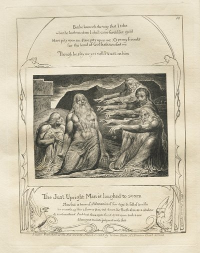 约伯记：Pl。 10，《正直的人被嘲笑》，1825年。 作者 威廉·布雷克
