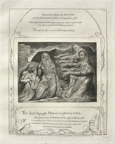 约伯记：Pl。 10，《正直男》被嘲笑，1825年。 作者 威廉·布雷克