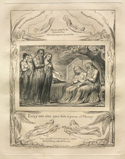 约伯记：Pl。 19，每个人还给了他一块钱，1825年。 作者 威廉·布雷克