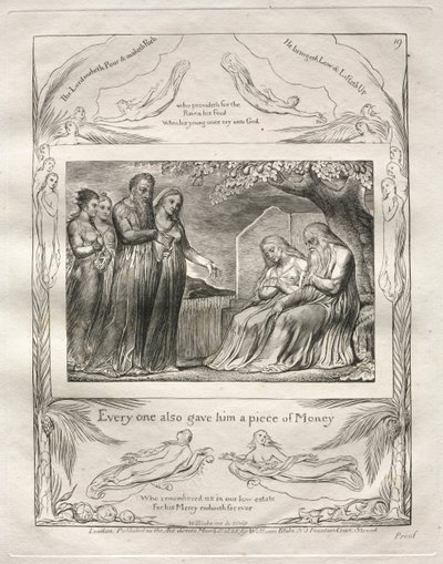 约伯记：Pl。 19，每个人还给了他一块钱，1825年。 作者 威廉·布雷克