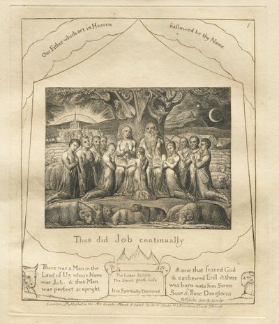 约伯记：Pl。 1，约伯不断这样做，1825年。 作者 威廉·布雷克