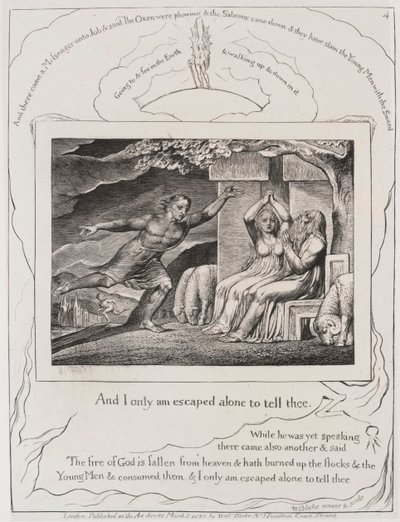 约伯记：Pl。 4，只有我一个人逃脱告诉你，1825年。 作者 威廉·布雷克