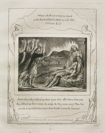 约伯记：Pl。 7，当他们抬起远处的眼睛，不认识他时……，1825年。 作者 威廉·布雷克