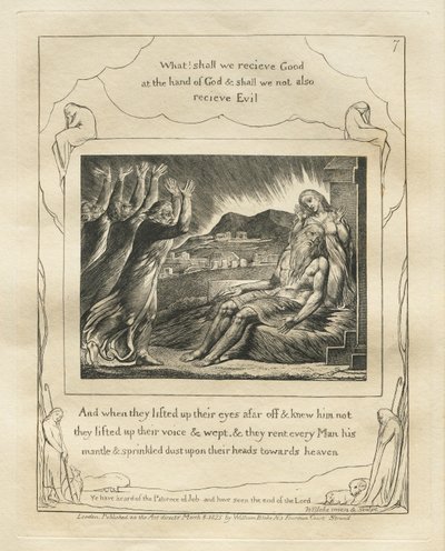 约伯记：Pl。 7，当他们抬起远处的眼睛，不认识他时……，1825年。 作者 威廉·布雷克
