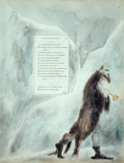 《托马斯·格雷的诗集》中的诗词，《品德的颂》，出版于1797-98年（纸上水彩和黑色墨水） 作者 威廉·布雷克