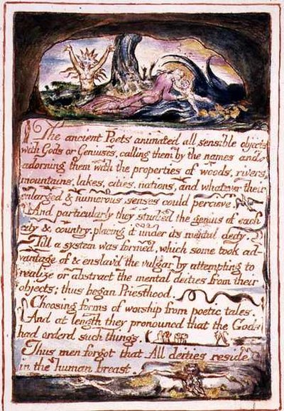 "古代诗人......"，《天堂与地狱的婚礼》中的插图和文字，约1790-3（用钢笔和水彩完成的浮雕版画）。 作者 威廉·布雷克