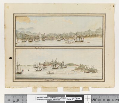Opp. p. 292.巴达维亚 "和 "巴达维亚湾的海岛"，约1802年（水彩画）。 作者 威廉布拉德利