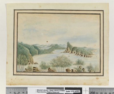 Opp. p. 92.新南威尔士州布罗肯湾的北臂，从入口处的一个岛看，1789年9月"，约1802年（水彩）。 作者 威廉布拉德利
