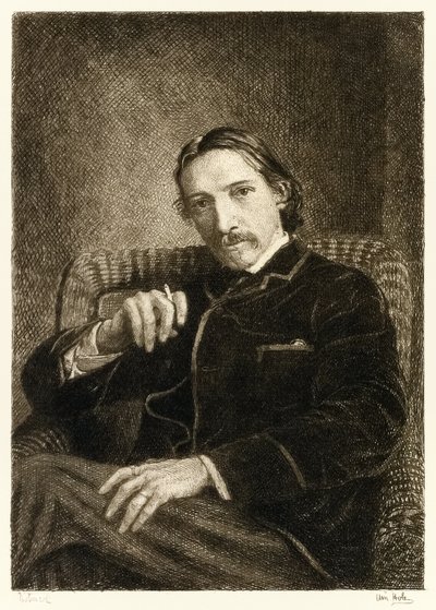罗伯特路易斯史蒂文森（1850-1894）英国作家以其最畅销书籍金银岛，被绑架以及杰基尔博士和海德先生的奇怪案例而闻名。 William Brassey Hole的插图（1 作者 威廉·布拉西·霍尔