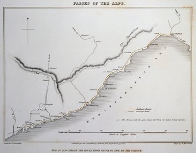 海上阿尔卑斯山山口地图，热那亚和尼斯之间的沿海公路，选自《意大利与法国、瑞士和德国交通的阿尔卑斯山山口插图》，威廉-布罗克顿（1787-1854 年）著，铜版画，伦敦 作者 威廉·布罗克顿