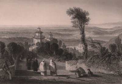 从意大利伦巴第瓦雷泽的圣山（Sacro Monte）俯瞰，T Willmore 根据 William Brockedon（1787-1854 年）的画作所作的钢板雕刻，约 23x18 厘米 作者 威廉·布罗克顿