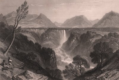 意大利翁布里亚特尔尼附近的马尔莫尔瀑布 (Cascata delle Marmore) 景观，由 James Tibbitts Willmore (1800-1863) 在 William Brockedon (1787-1854) 绘制后进行钢雕刻，约 23x18.5 厘米 作者 威廉·布罗克顿