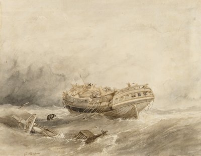 一艘商船在暴风雨后的平静中出轨。克拉克森-斯坦菲尔德（1793-1867 年）的水彩画（34.4x44.5 厘米） 作者 威廉·克拉克森·斯坦菲尔德