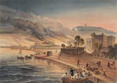 烧毁在Kertch的政府建筑物。 1855年6月9日？ 作者 威廉·克里米亚·辛普森