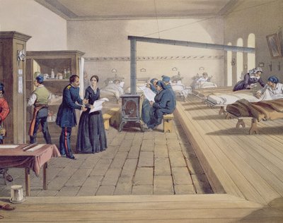 Scutari的医院，弗洛伦斯南丁格尔（1820-1910）在病房的细节，从东部的战争位子，酒吧。作者：Paul＆Dominic Colnaghi＆Co.，1856（121085的细节） 作者 威廉·克里米亚·辛普森