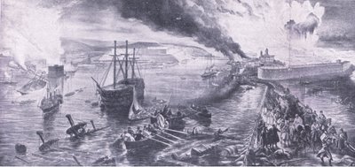 1855年9月8日塞瓦斯托波尔的沦陷和俄国人的撤退，1915年英国陆地和海上战役的插图 作者 威廉·克里米亚·辛普森