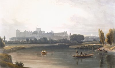 从泰晤士河看温莎城堡：西景，以及从小船上钓鱼，约1827-30。 作者 威廉·丹尼尔