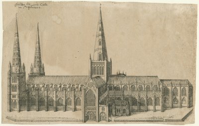 利奇菲尔德大教堂（Lichfield Cathedral）-南视图：铜版画，并[17世纪中期] 作者 威廉·杜格代尔
