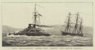 HMS毁灭将HMS Thetis拖入马耳他港 作者 威廉·爱德华·阿特金斯