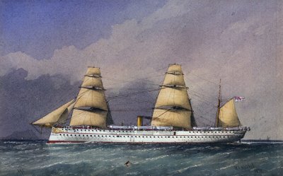 英国皇家海军 "朱姆纳号"（1866 年）是一艘铁壳船，用于往返印度次大陆运送军队。水彩画 作者 威廉·弗雷德里克·米切尔