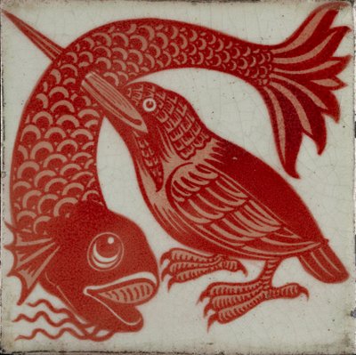 带喙穿鱼的翠鸟瓦片，1882-1888年 作者 威廉·弗兰德·德·摩根