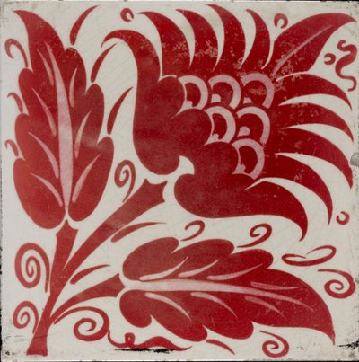 带有两片叶子和卷须的风格化花朵的瓦片，1882-1888年 作者 威廉·弗兰德·德·摩根