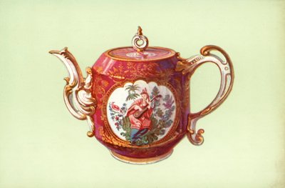 茶壶，切尔西，紫红色，带有华托之后的人物（彩色石版画） 作者 威廉·吉布