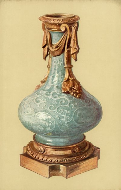 花瓶，中国青瓷与路易十六，Ormolu Mount（彩色石版画） 作者 威廉·吉布