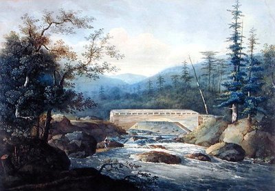 横跨萨坎达加河的盖板桥，纽约州哈德利，约1820年（纸上石墨和水彩）。 作者 威廉·盖·沃尔