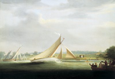 坎伯兰协会赛的游艇，泰晤士河上（英格兰），约 1815 年，泰晤士河皇家游艇赛的前身。布面油画 作者 威廉·哈维尔