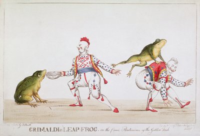Grimaldi的Leap Frog在金鱼的漫画哑剧中，1812年 作者 威廉·希思
