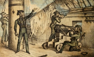 船上步枪兵在一艘身份不明的战舰上行动，第1835页（手工彩色蚀刻） 作者 威廉·希思