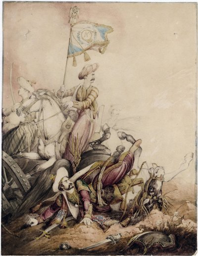 “Porte etendard mamelouk au 战斗”（战斗中的马穆鲁克旗手）Aquarelle de William Heath (1795-1840) - 1818 Dim 33,5x25,9 cm 私人收藏 作者 威廉·希思