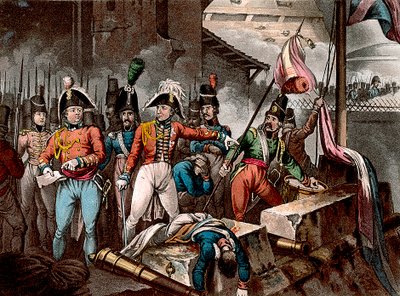 威灵顿公爵在攻占西班牙罗德里戈城时，半岛战争，1812年c1818。   作者 William Heath