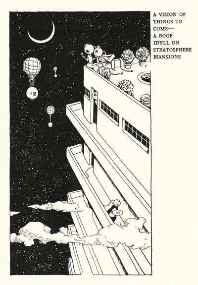 未来事物的愿景，平流层大厦的屋顶田园诗（石版画） 作者 威廉·希思·罗宾逊