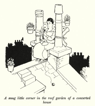改建房屋屋顶花园的一个舒适小角落（石版画） 作者 威廉·希思·罗宾逊