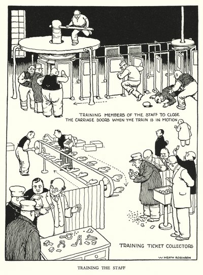 罗宾逊（W Heath Robinson）为《铁道兵》绘制的插图（平版）。 作者 威廉·希思·罗宾逊