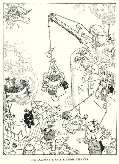 罗宾逊（W Heath Robinson）为《铁道兵》绘制的插图（平版）。 作者 威廉·希思·罗宾逊