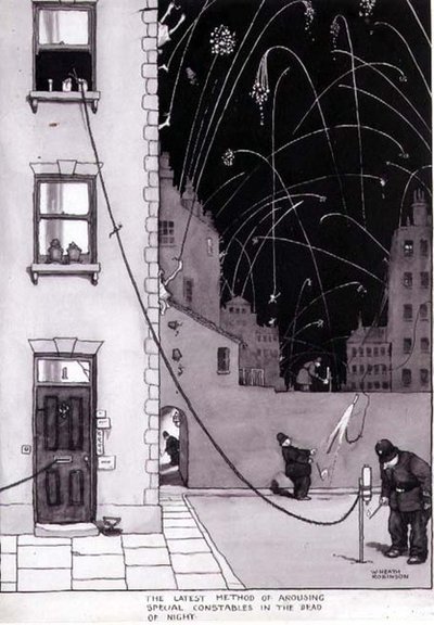在夜深人静时唤醒特别警员的最新方法》，《发明》的插图，Duckworth 1973年（笔墨、水彩）。 作者 威廉·希思·罗宾逊