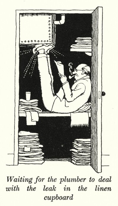 等待水管工处理布草柜漏水（石版画） 作者 威廉·希思·罗宾逊