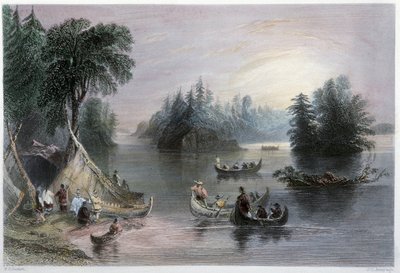 印第安人的帐篷和独木舟，圣洛朗河岸--载于伦敦W.H.Bartlett的 "加拿大风景图解"。 作者 威廉·亨利·巴特利特