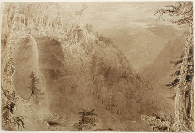 卡特斯基尔瀑布从山沟上方，卡茨基尔山脉，纽约：1836年的雕刻研究（棕色墨水洗涤，纸上有白色加高，放在卡片上） 作者 威廉·亨利·巴特利特