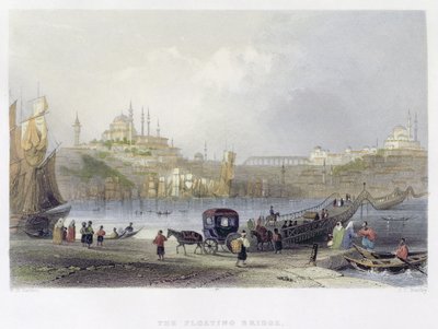 浮桥，伊斯坦布尔，由JC Bentley雕刻，1850年（aquatint） 作者 威廉·亨利·巴特利特